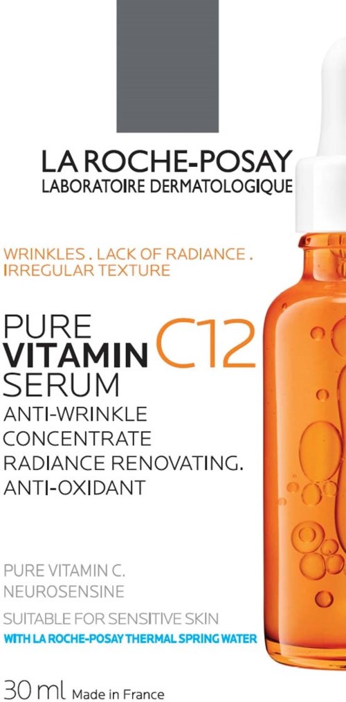 Een huidverzorgingsfles met pipet, gelabeld La Roche-Posay Pure Vitamin C12 Serum, tegen rimpels en voor stralende huid.