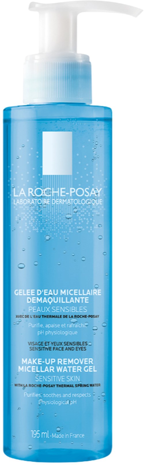 Blå flaske med La Roche-Posay micellar vann gel med pumpe, produktskilt viser detaljer for sensitiv hud.
