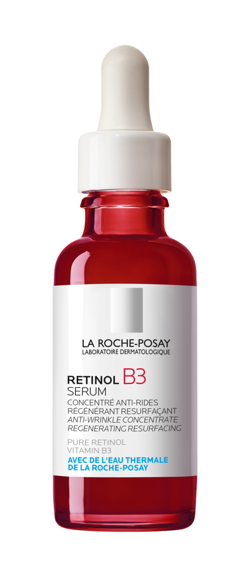 Rode fles met La Roche-Posay Retinol B3 serum en witte pipetdop.