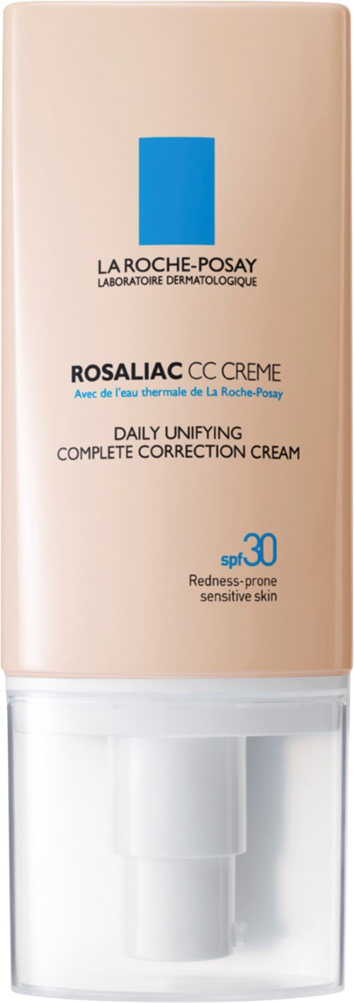 Beige-huoltotuotepullo, jossa on sininen neliölogo, La Roche-Posay, SPF 30, herkälle iholle.