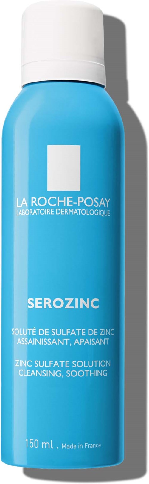 Blauwe fles met witte dop, La Roche-Posay Serozinc, voor huidreiniging en kalmering, 150 ml.