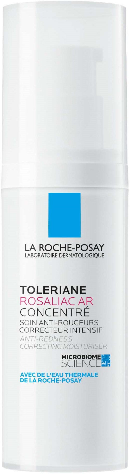 Een witte pompflacon met label La Roche-Posay Toleriane Rosaliac AR. Voor gevoelige huidverzorging.