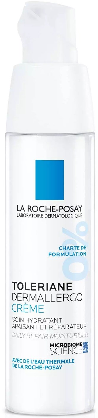 Een wit flesje met blauwe en zwarte tekst, gelabeld La Roche-Posay Tolerance Dermallergo Crème, een vochtinbrengend huidverzorgingsproduct.