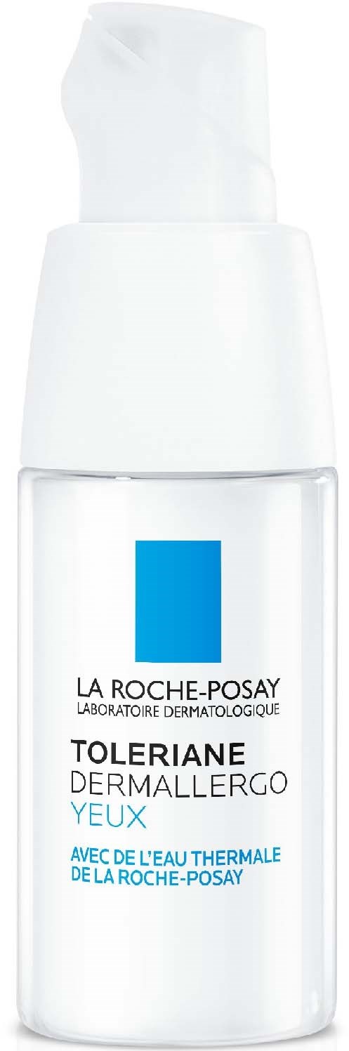 A white skincare bottle with a pump, labeled Tolerance Dermallergo Yeux, from La Roche-Posay, with blue and black text.