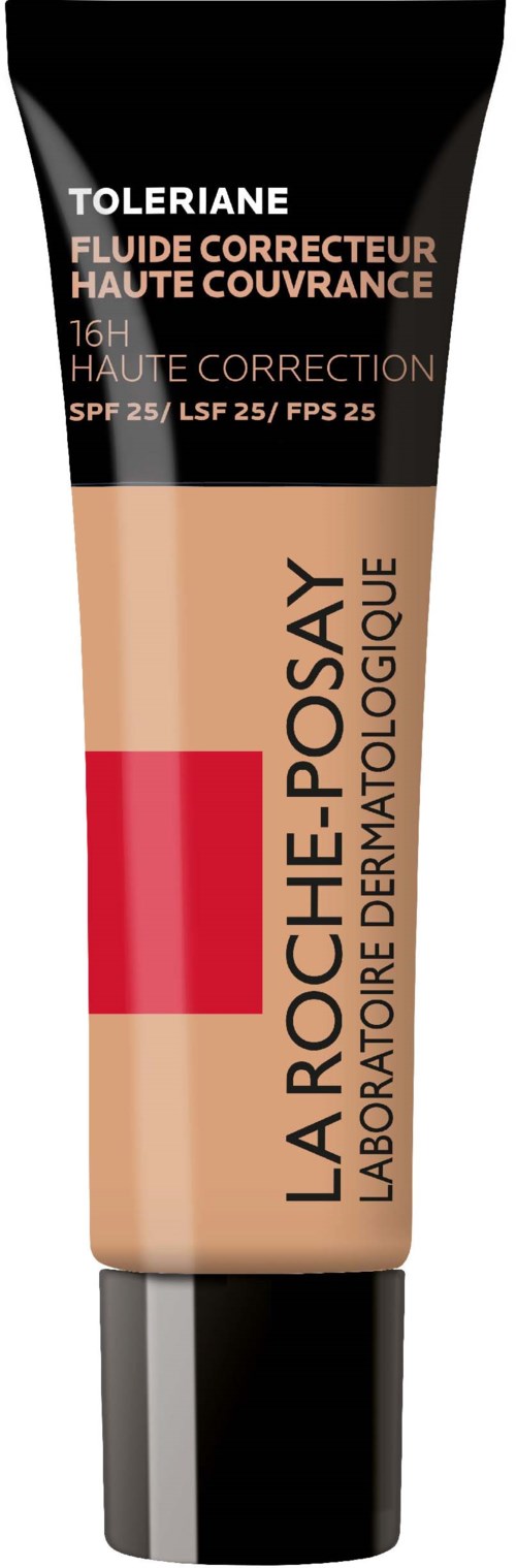 Eine Tube mit hoher Deckkraft Foundation mit SPF 25, Marke Tolerance, La Roche-Posay, in beige und rot.