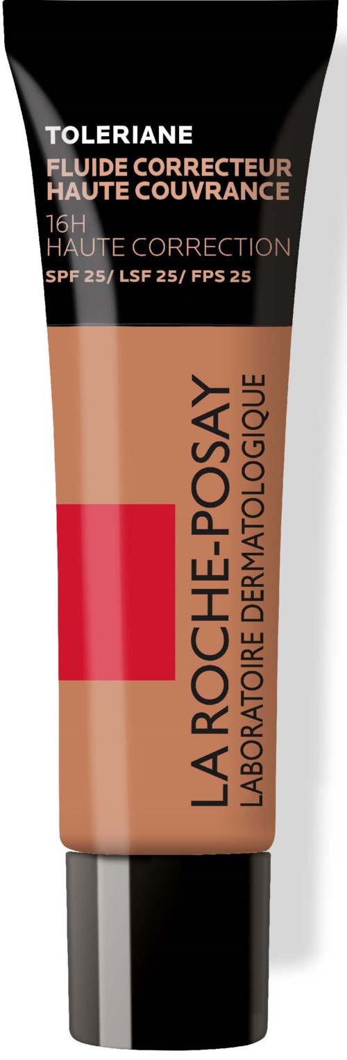 Eine Tube mit La Roche-Posay Foundation, schwarzer Deckel, beige, pink und dunkelbraune Abschnitte, mit Text zum Sonnenschutz.