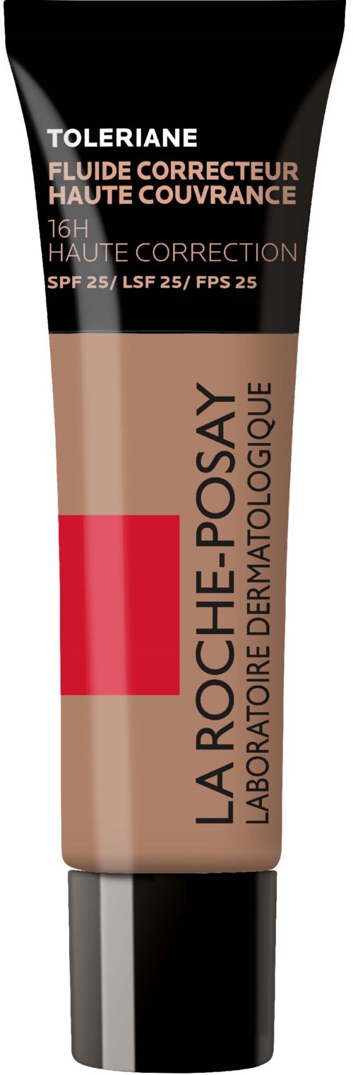 Eine Tube La Roche-Posay Foundation mit SPF, in Schwarz, Beige, Rot und Silber mit Text.