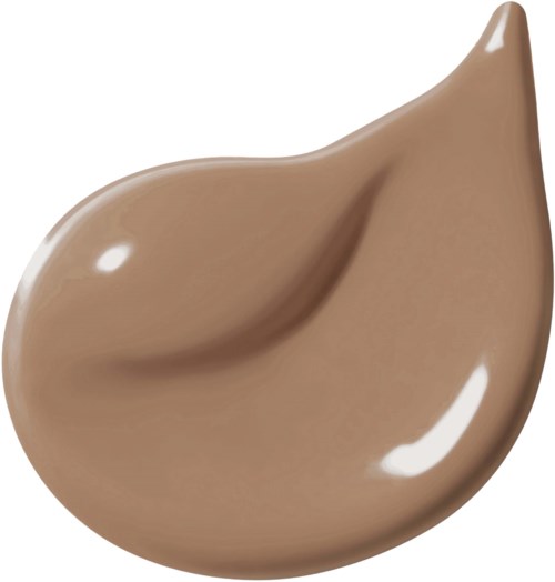 Ein Löffel mit glatter, hellbrauner Flüssigkeit, möglicherweise Make-up oder Lotion, mit glänzender Oberfläche und geschwungener Form.