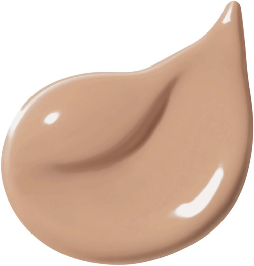 Eine beigefarbene, dickflüssige Tropfen mit glänzender, glatter Oberfläche und gebogener Form.