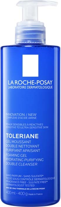 Blaue Reinigungsflasche mit Pump: La Roche-Posay Toleriane für empfindliche Haut.
