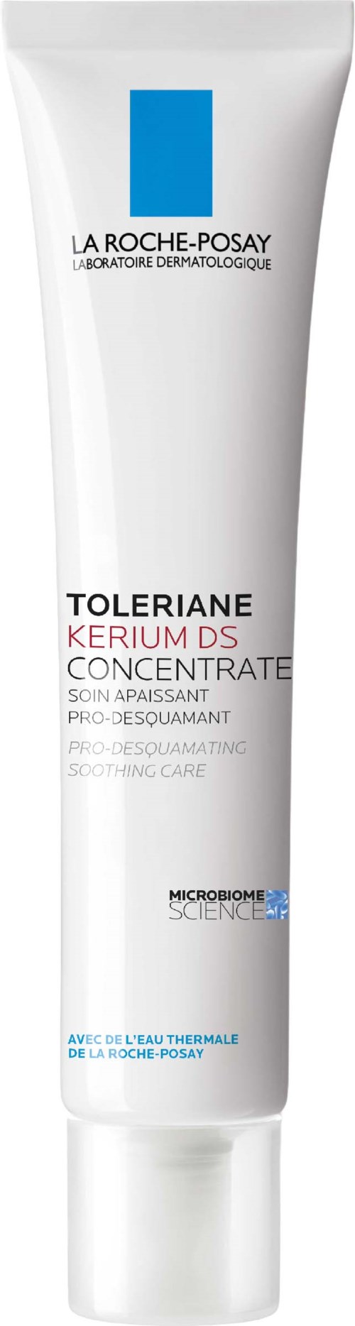 Een witte tube met huidverzorgingsproduct met blauwe en zwarte tekst, gemerkt 'La Roche-Posay Toleriane Kerium DS Concentre.'