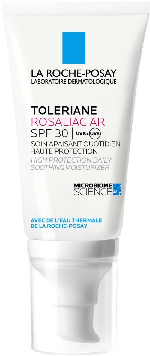A white tube of La Roche-Posay moisturizer with blue, black, pink, and blue text, indicating SPF 30 and skincare benefits.