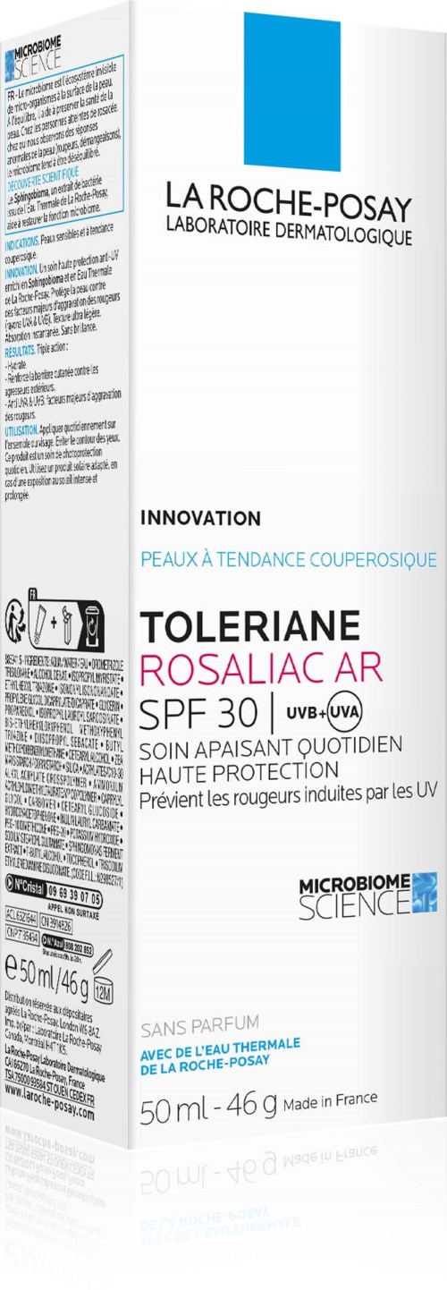 This is a box of Tolerance Rosaliac AR sunscreen with SPF 30 by La Roche-Posay, designed for daily skin protection.