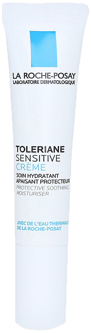 En vit tub med La Roche-Posay Tolerance Sensitive Cream, märkt som en återfuktande och lugnande moisturiser.