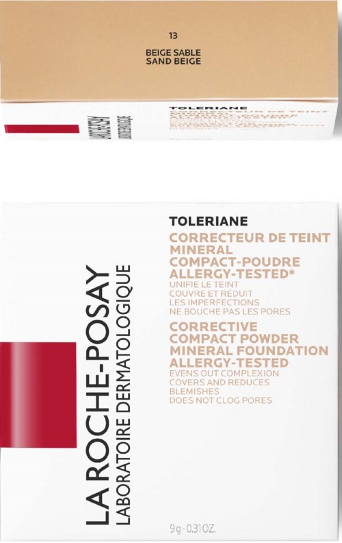 Eine weiße Schachtel von La Roche-Posay Mineralpuder mit beige- und roten Akzenten und detaillierter Produktbeschreibung.