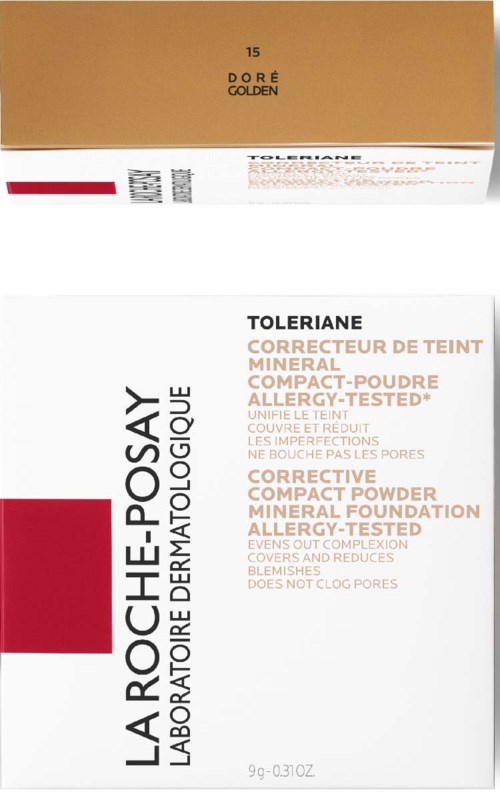 Eine Schachtel La Roche-Posay Tolerance Mineral foundation, allergietestet, Kompaktpuder, mit Produktdetails und Logos auf der Verpackung.