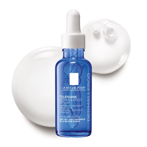 Blauwe serumfles voor witte ronde achtergronden, gelabeld La Roche-Posay Toleriane Dermallergo Serum.