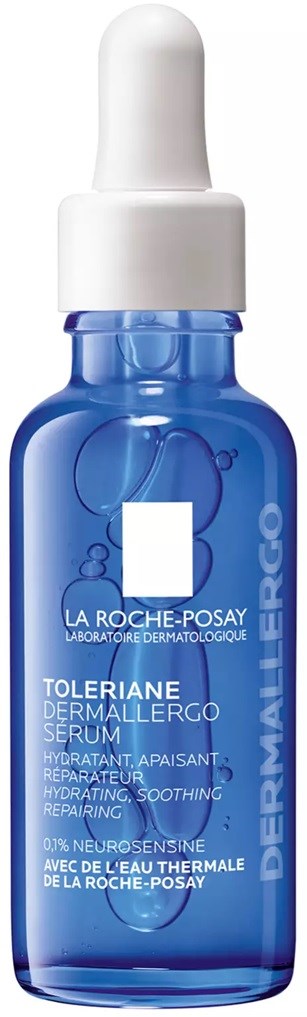 Blauwe serumfles met pipet, gelabeld La Roche-Posay Toleriane Dermallergo Serum. Hydraterend en kalmerend.