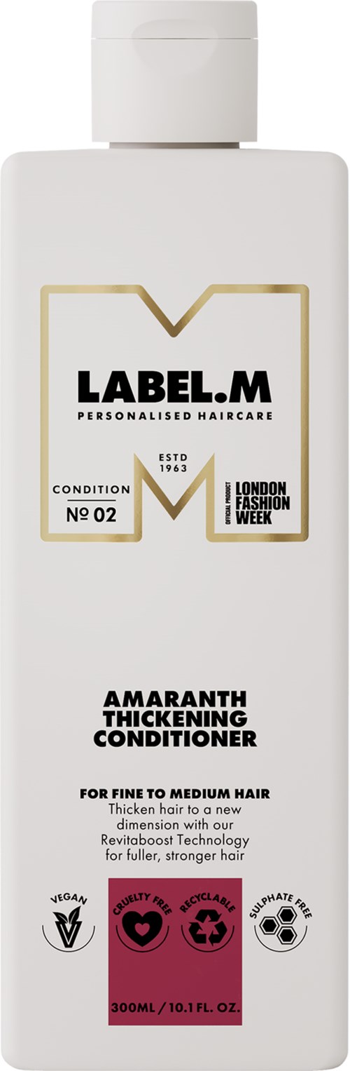 Vit flaska med LABEL.M hårbalsam med gyllene och svarta texter, för fint till medelst tunt hår.