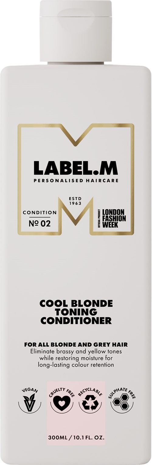 En vit flaska med en svart och guld etikett, kallad LABEL.M, för blond hårvård.