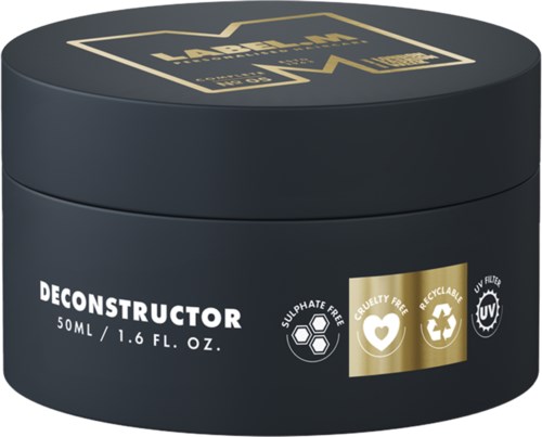 En svart rund behållare med guld- och vita etiketter, visar produktinformation och miljövänliga ikoner.