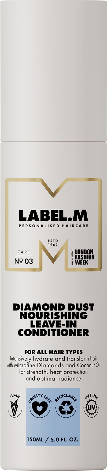 En lång vit flaska med en etikett som säger 'Label.M' och 'Diamond Dust Nourishing Leave-in Conditioner,' lämplig för alla hårtyper.