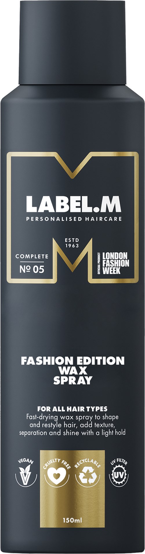 Eine schwarze Flasche LABEL.M Haarspray, Mode-Edition, für alle Haartypen, mit gold- und weißem Design.