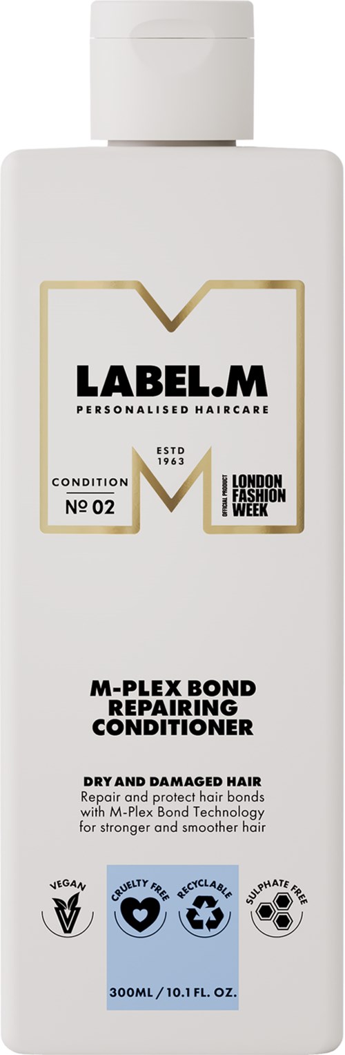 Vit flaska med märket M-Plex Bond Repairing Conditioner för torrt, skadat hår. Har olika ikoner och text.