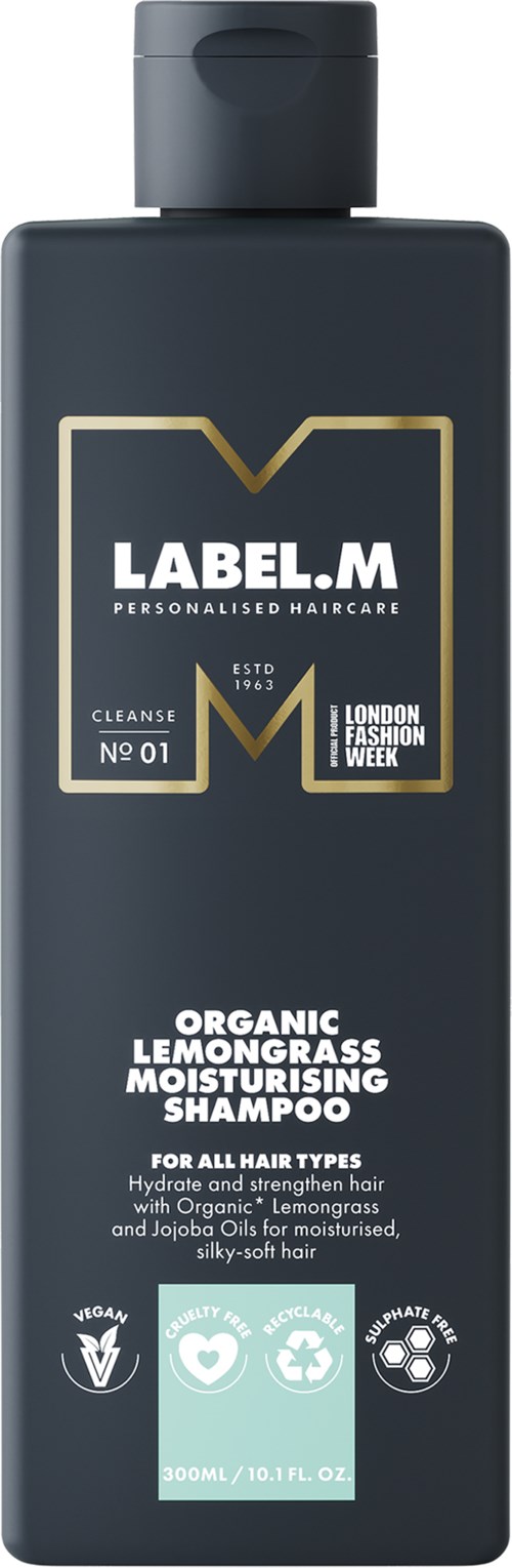 En mörk flaska schampo med en etikett där det står LABEL.M, organiskt citronnypon, för alla hårtyper, 300 ml.