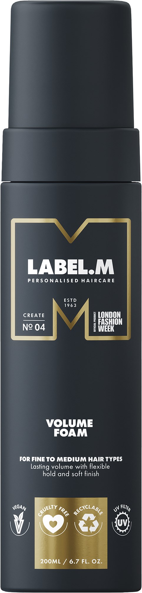 En svart burk med guld- och vit etikett för Volume Foam hårprodukt, passar för fint till medelstort hår, 300 ml.