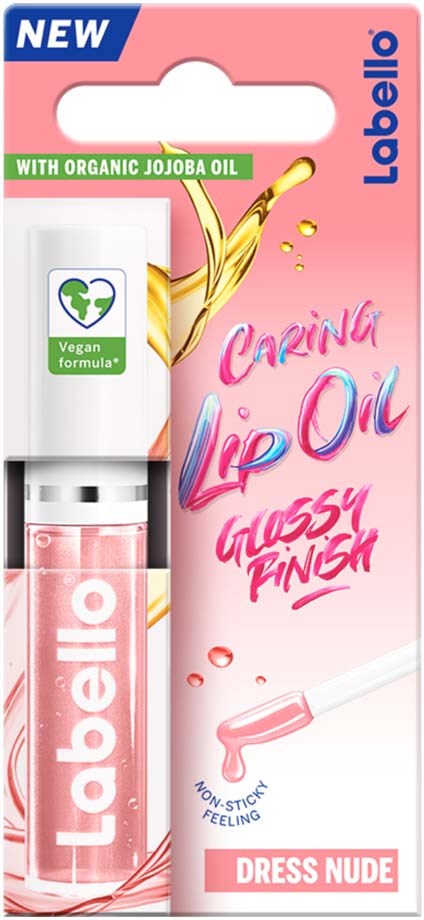 Lippenbalsem in een roze container met een witte dop, gemarkeerd 'Labello Caring Lip Oil Glossy Finish'.