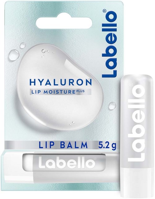 Lippenbalsem in wit-blauwe verpakking, met kleine container en tube, gelabeld voor vocht en hyaluron.