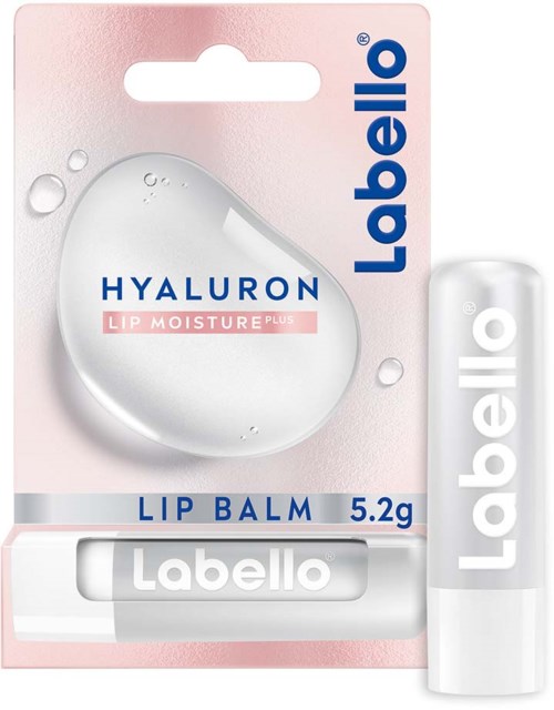 Lipbalsem met Hyaluron, label 'Lip Moisture Plus' en 'Labello', in witte tube en verpakking. Gewicht 5,2g.