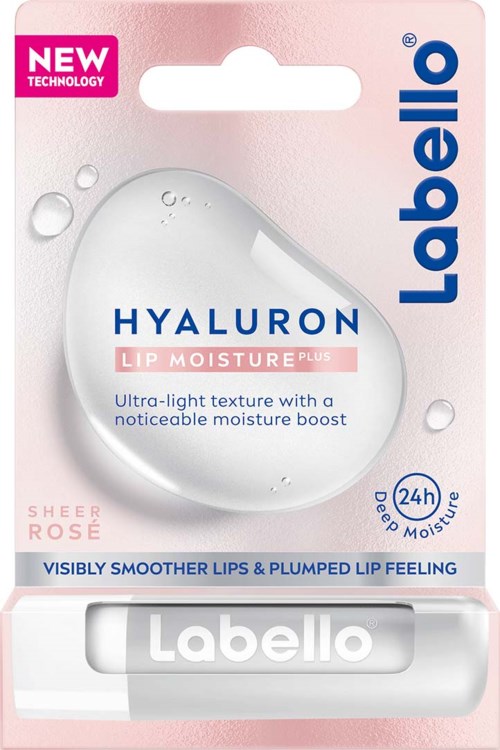 Een lipproduct genaamd Labello Hyaluron Lip Moisture Plus voor gladdere lippen en vochtboost in een roze en witte verpakking.