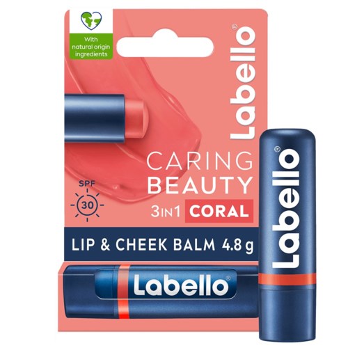 Labello lippen- en wangbalsempakket met koraalkleur, SPF 30, 4,8 gram, met blauw en rood tube-ontwerp.