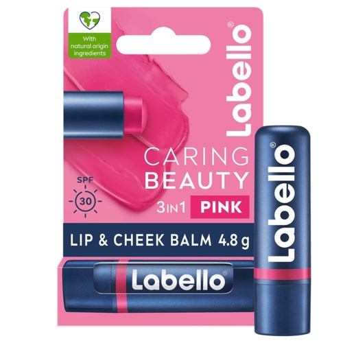 Een roze en blauwe verpakking met Lippen- en Wangenbalsem met SPF 30, labels bevatten natuurlijke ingrediënten en een 3-in-1 functie.