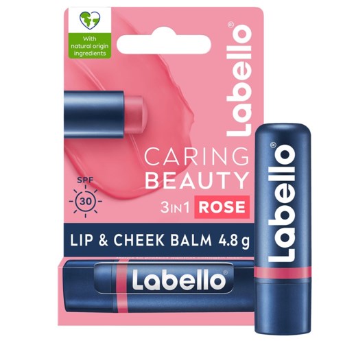 Verpakking van Labello lip- en cheek balm met rozengeur, SPF 30 en natuurlijke ingrediënten. Roze en blauw ontwerp.