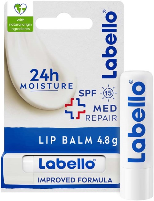 Lippenbalsem in een witte tube met blauwe label, bevat 4,8g, beschermt lippen 24 uur, met SPF 15.
