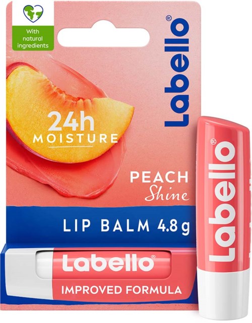 Perzik-smak lippenbalsem met 24 uur vocht, in roze en blauwe verpakking.