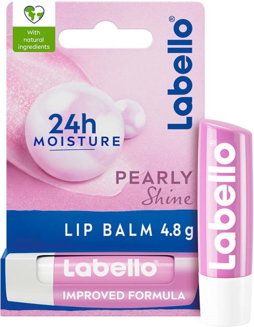 Etiket voor lippenbalsem met 24-uur vocht, perzikglans, natuurlijke ingrediënten en verbeterde formule.