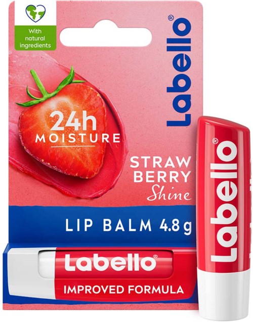 Lippenbalsem met aardbeingsmaak, 4,8 g, belooft 24 uur hydratatie, verbeterde formule, natuurlijke ingrediënten, en heet "Shine".