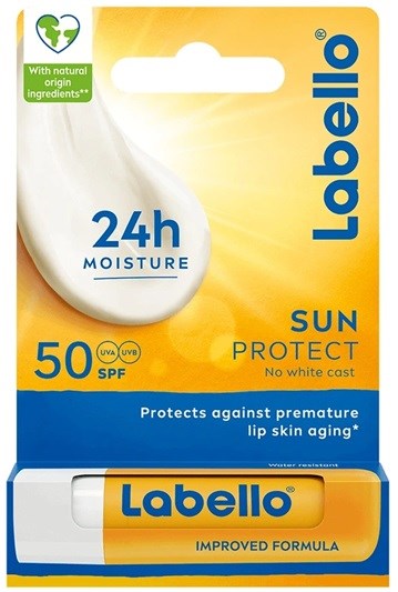 Lippenbalsemverpakking met SPF 50 voor zonbescherming, met details over hydratatie en ingrediënten.