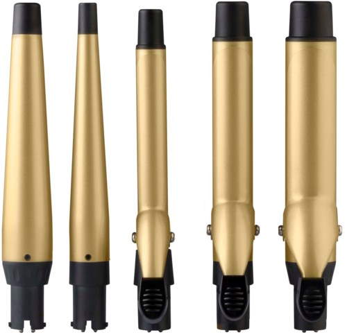 Vijf gouden krultangen met zwarte uiteinden en handvatten, gebruikt voor het krullen van haar.