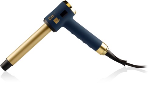 Een blauw-goud handapparaat, waarschijnlijk een soldeer- of verwarmingsgereedschap, met een snoer. Het heeft een scherm en knoppen.