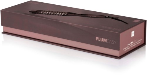Doos met een Plum Easy haarstijlborstel met zwart snoer, in roze en zwart verpakt.