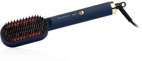 Een verwarmde stylingborstel met lange handgreep en Borstel, gebruikt voor haarstyling.