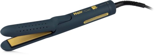 Een stijltang met zwart en goud ontwerp, verwarmde platen en snoer, gebruikt voor het stylen van haar.