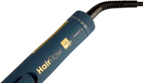 Een blauwe haardroger met zwarte kabel en geel label, gemarkeerd 'HairFlow'.