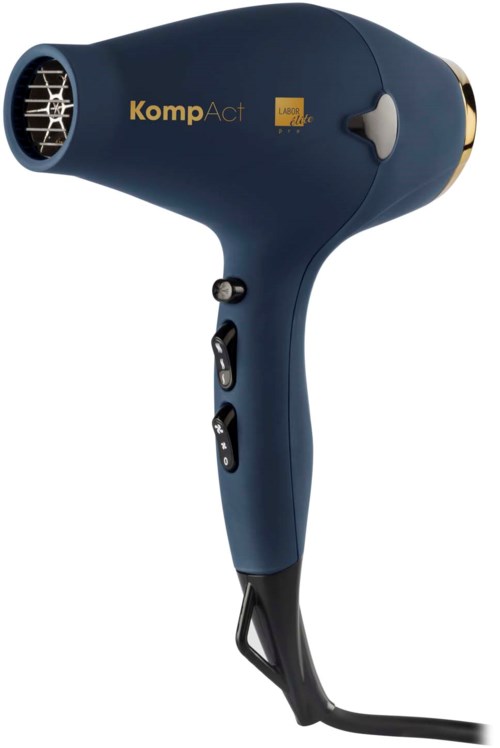 Een blauw handapparaat met knoppen, gemarkeerd 'KompAct' en een kleine roosteropening aan de voorkant, verbonden door een kabel.