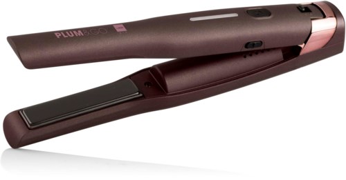 Een haarstijltang met een donkere kleur, roze accenten en knoppen bij de handgreep.